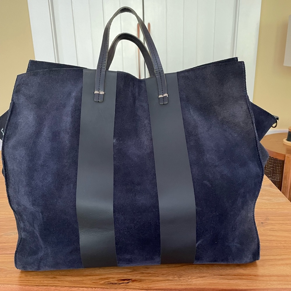 CLARE V Simple Tote Navy Suede with Stripes